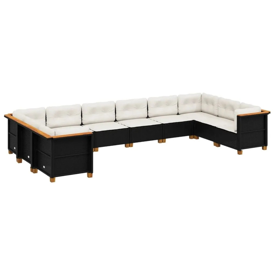 vidaXL 10-tlg. Garten-Sofagarnitur in L-Form aus Poly-Rattan und Akazienholz mit Kissen, Schwarz und Cremeweiß - Bild 2