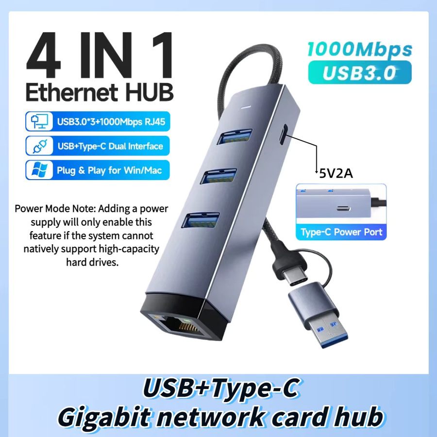 MZX Gigabit USB 3.0 Hub Adapter mit 1000Mbps RJ45 Ethernet Netzwerkkarte für USB-A und USB-C PC Laptop MacBook - Bild 2