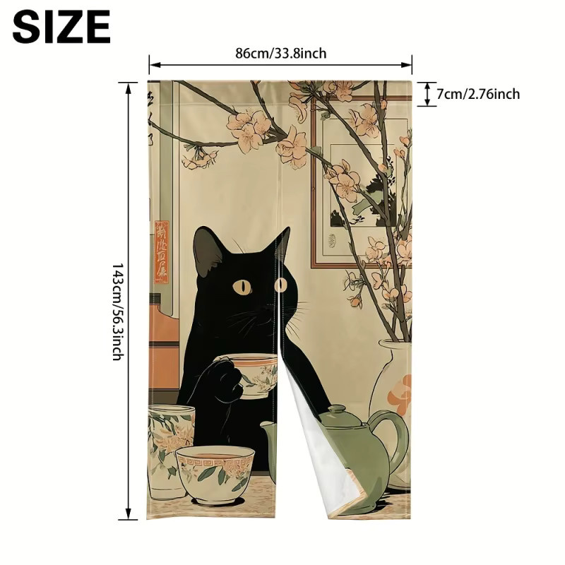 VIKAMA Türvorhang im japanischen Anime-Stil mit schwarzem Katzenmuster in Schwarz - Bild 2