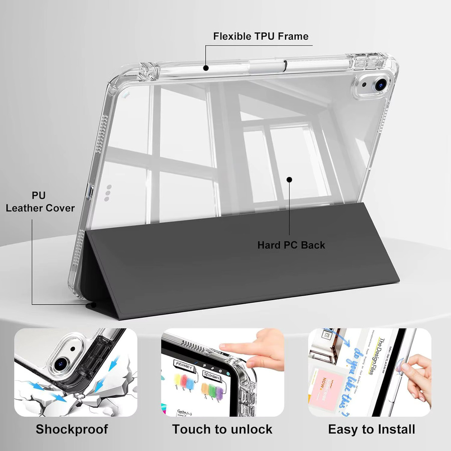 Transparente Kristall Tablet Hülle mit Stiftschlitz und Magnetfunktion für Apple iPad 10. und 11. Generation in Grau und Transparent mit PU-Leder Flip Case - Bild 4