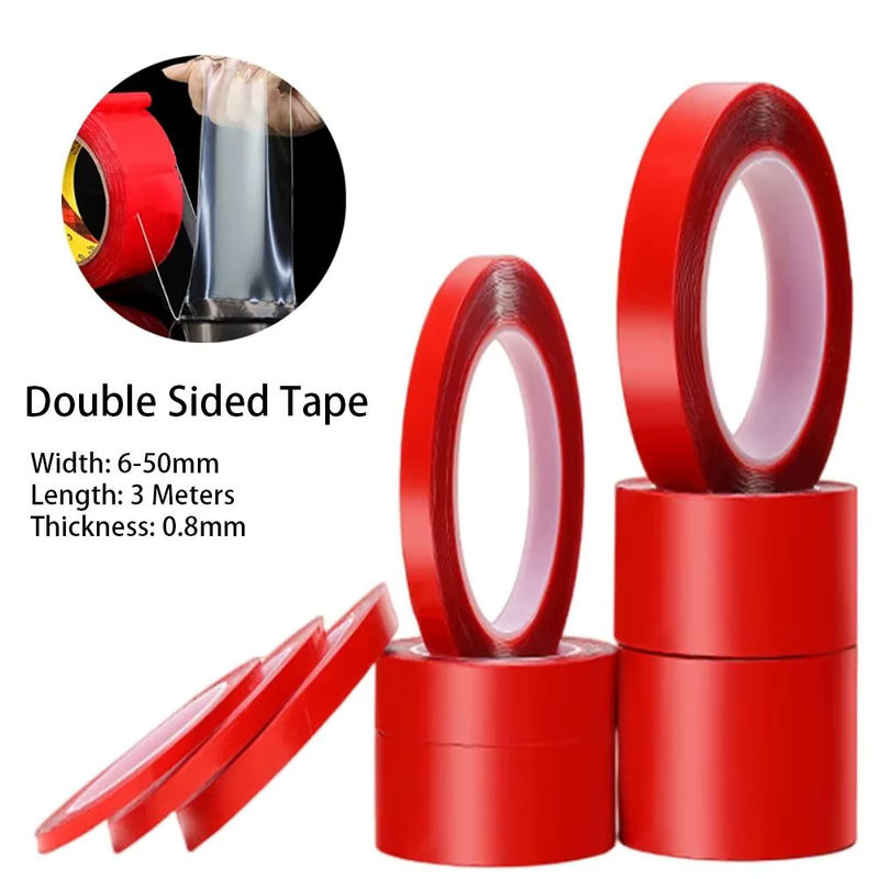 Doppelseitiges PET-Klebeband transparent mit roter Schutzfolie, 3 m Länge, Breite: 50 mm - Bild 2