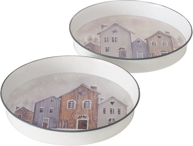 Boltze Deko-Tablett Houses rund aus Eisen, Ø 28 cm, mehrfarbig (braun, grau, weiß) - Bild 1