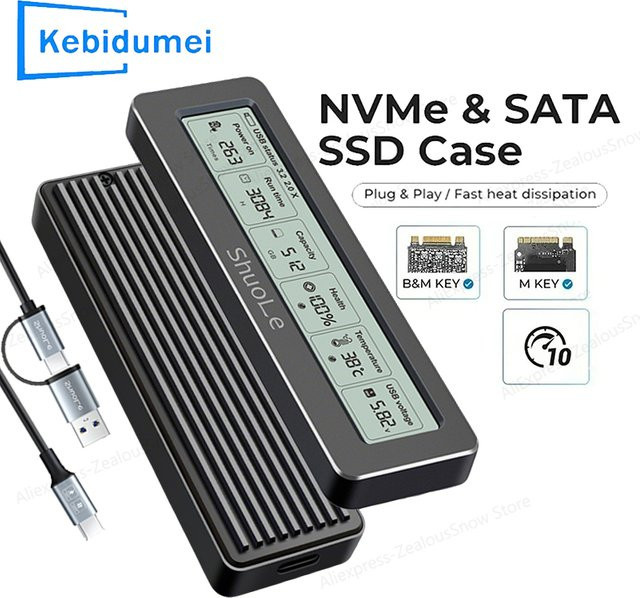 Kebidu M.2 NVMe/NGFF Dual-Protokoll SSD-Gehäuse in Schwarz, 10Gbps USB 3.2 Gen 2, Vollaluminium mit intelligenter Gesundheitsüberwachung - Bild 1