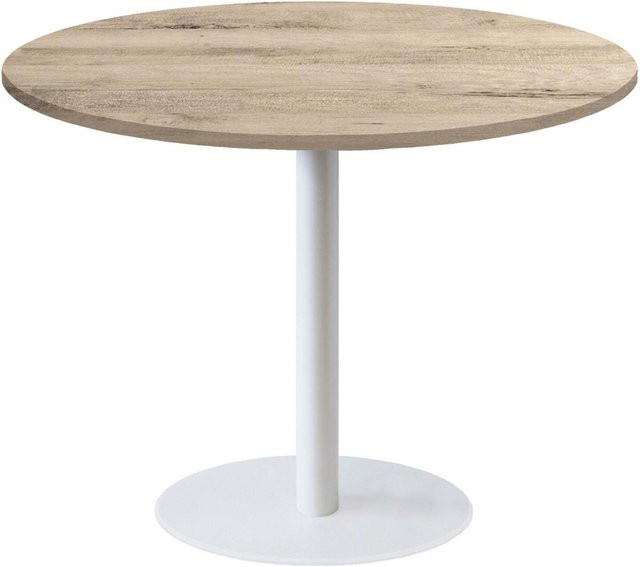 RestooTab Tisch Rome XL rund in Weiß und Eiche mit Holz- und Steindekor, Höhe: 73 cm, Durchmesser: 120 cm - Bild 1