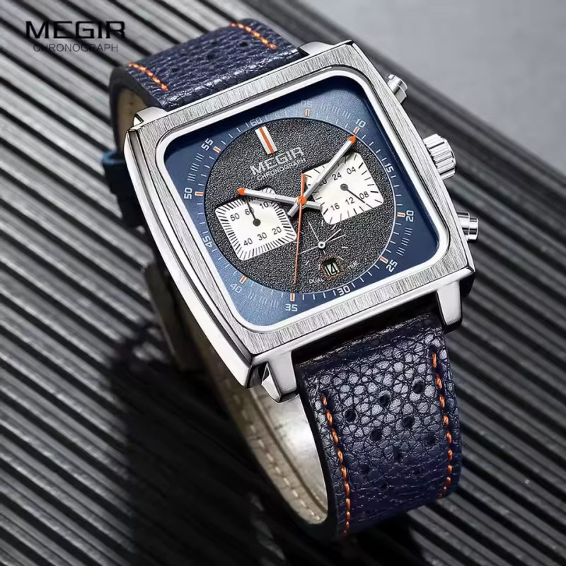MEGIR Armbanduhr, Quarz, blau, schwarzes eckiges Zifferblatt, Lederband, Herren - Bild 3
