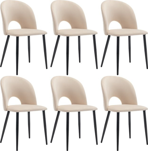 Set aus 6 gepolsterten Esszimmerstühlen aus Samt mit geometrischer Rückenlehne und Metallrahmen in Beige - Bild 1