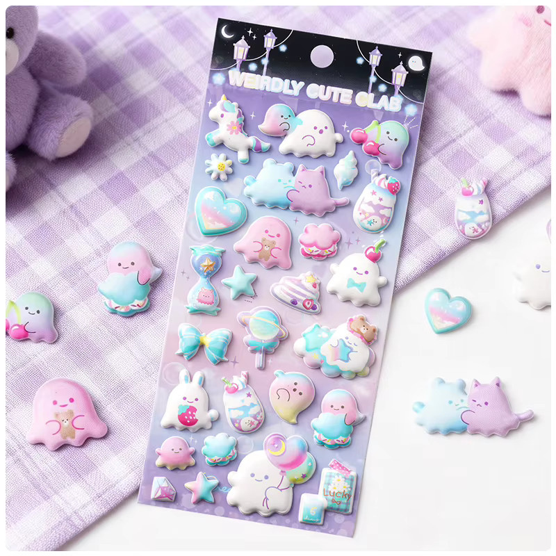 Kawaii Club 4er Set Puffy 3D Sticker mit Bär und Einhorn in Multicolour für Scrapbooking und Journaling - Bild 1