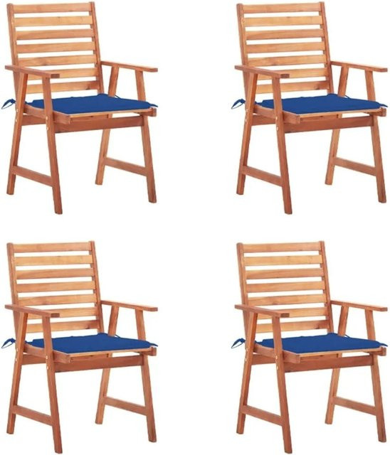 vidaXL Garten-Essstühle Set aus Akazien-Massivholz mit blauen Kissen, 4er Set - Bild 1