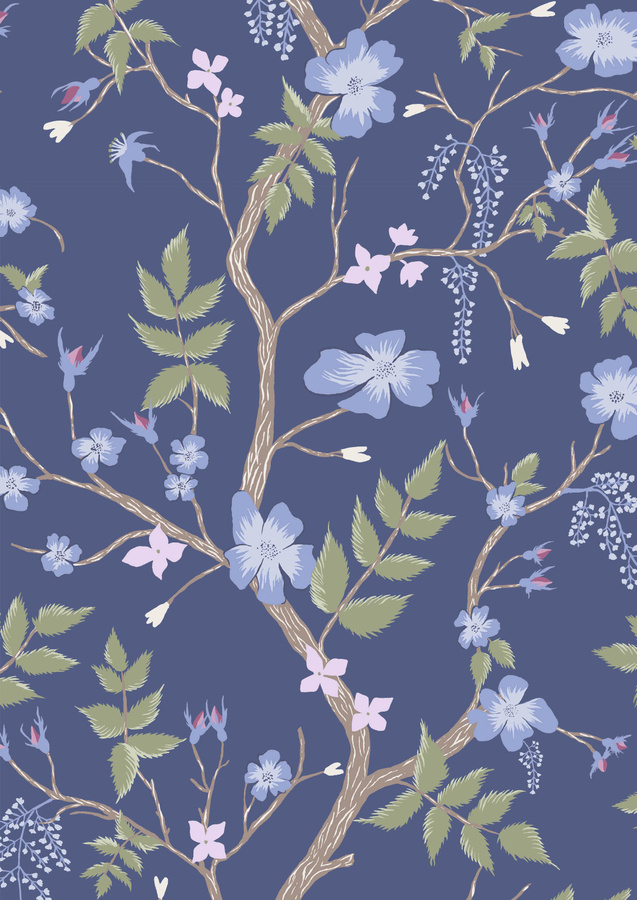 Lewis & Wood Tapete Cinda's Roses Blue Yonder mit floralem Botanical-Design in Blau, Breite: 134 cm - Bild 1