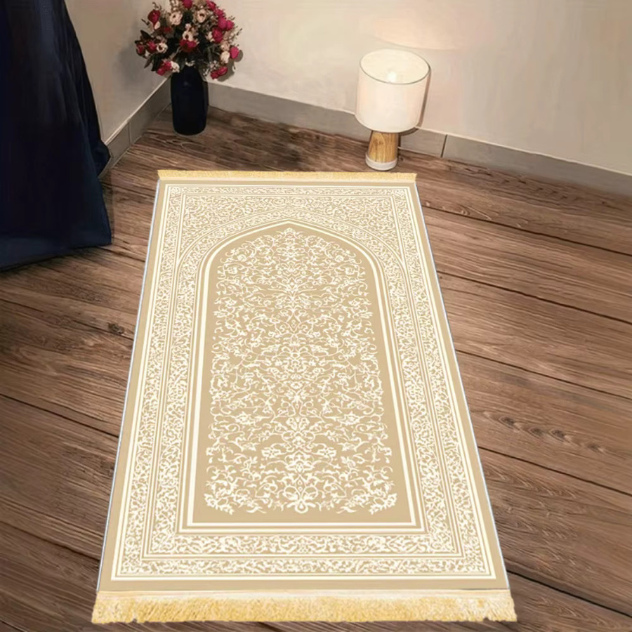 VIKAMA Gebetsteppich aus Polyester in Beige, rutschfeste und faltbare islamische Salah-Matte im orientalischen Design für Zuhause und Reisen - Bild 3
