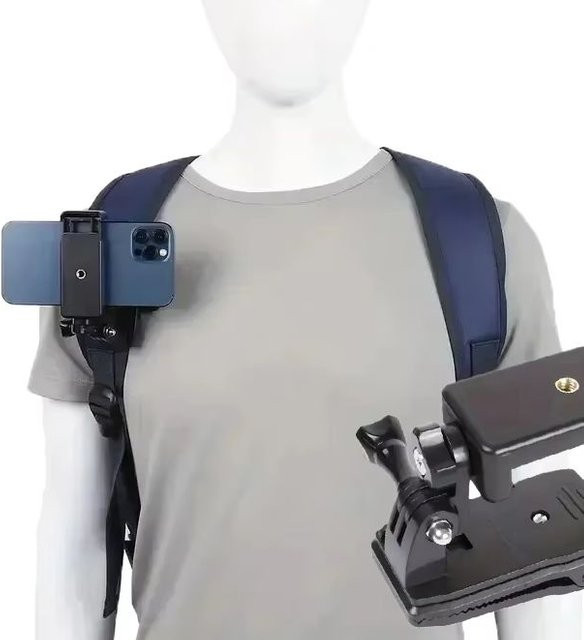 Anti-Rutsch Rucksack Strap Clip mit verstellbarer Smartphone-Halterung für Outdoor-Videos und Live-Streams in Schwarz - Bild 1