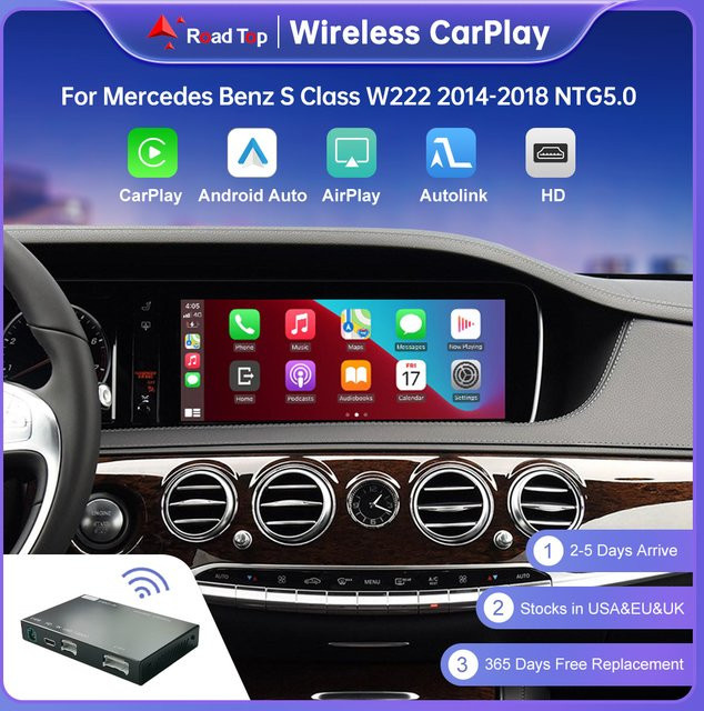 Road Top Kabelloses CarPlay und Android Auto Interface für Mercedes Benz Klasse W222 2012-2016 NTG 2014 mit Mirror Link, Airplay und USB-Anschluss, Schwarz - Bild 1