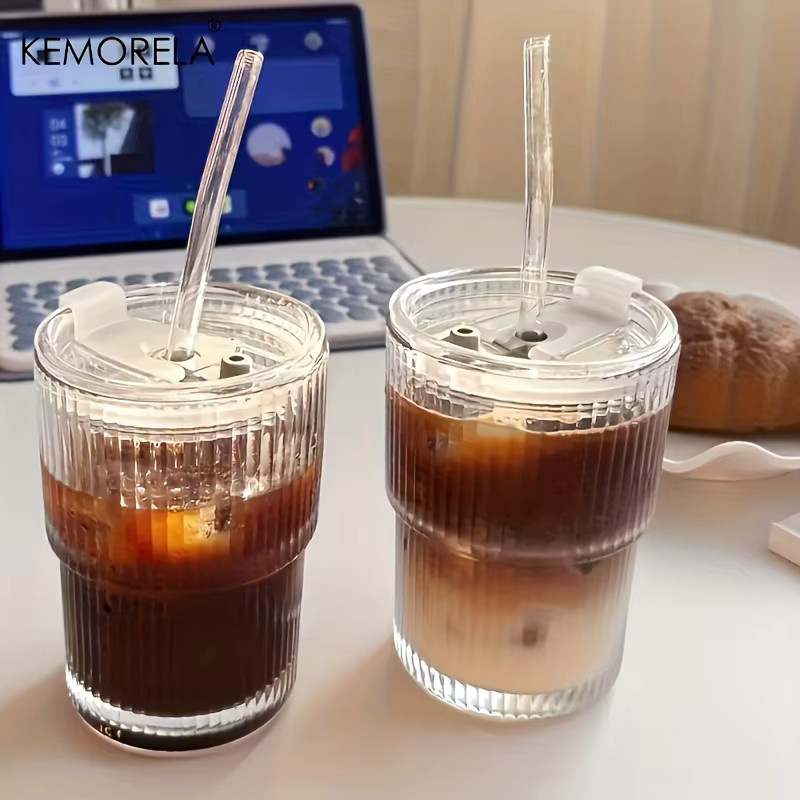 KEMORELA Streifen Glas Tasse mit Deckel und Stroh, transparent, 450 ml - Bild 4