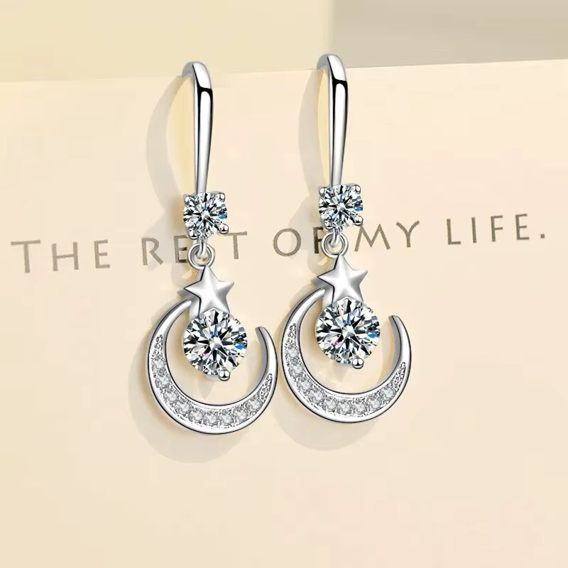 Ohrringe Stern Mond, 925 Sterling Silber, Weißer Saphir, Damen - Bild 2