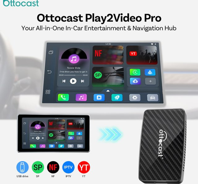 Ottocast Play2Video Pro 2026 Kabellose Android Auto und CarPlay AI Box für In-Car Video-Streaming von YouTube und Netflix in Schwarz mit USB Plug & Play - Bild 1
