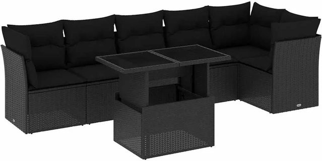vidaXL 7-teilige Garten-Sofagarnitur in L-Form aus schwarzem Poly-Rattan mit Kissen und Gartentisch - Bild 1