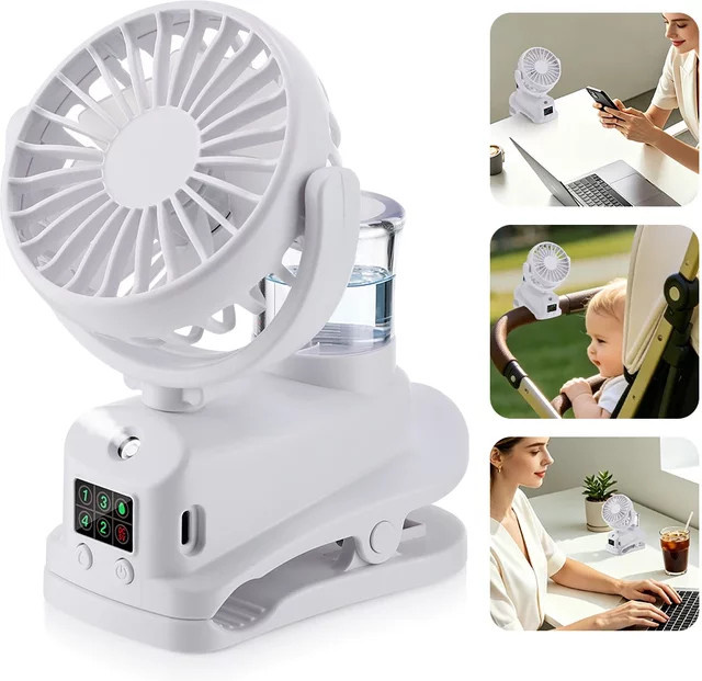 AFDEAL Mini Clip-Sprühventilator in Weiß mit 20ml Wassertank, USB-Aufladung, 4 Stufen und LED-Bildschirm - Bild 1