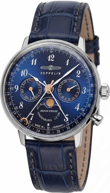 Zeppelin Damenuhr, Mondphase, Quarz, Edelstahl, 36 mm, Leder, Blau - Bild 1
