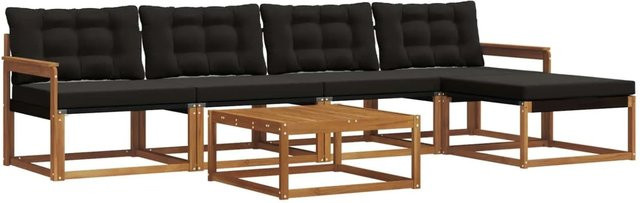 vidaXL Outdoor-Sofagarnitur 6-teilig aus Akazienholz und Textilene in Schwarz und Natur mit Kissen und Armlehnen - Bild 1