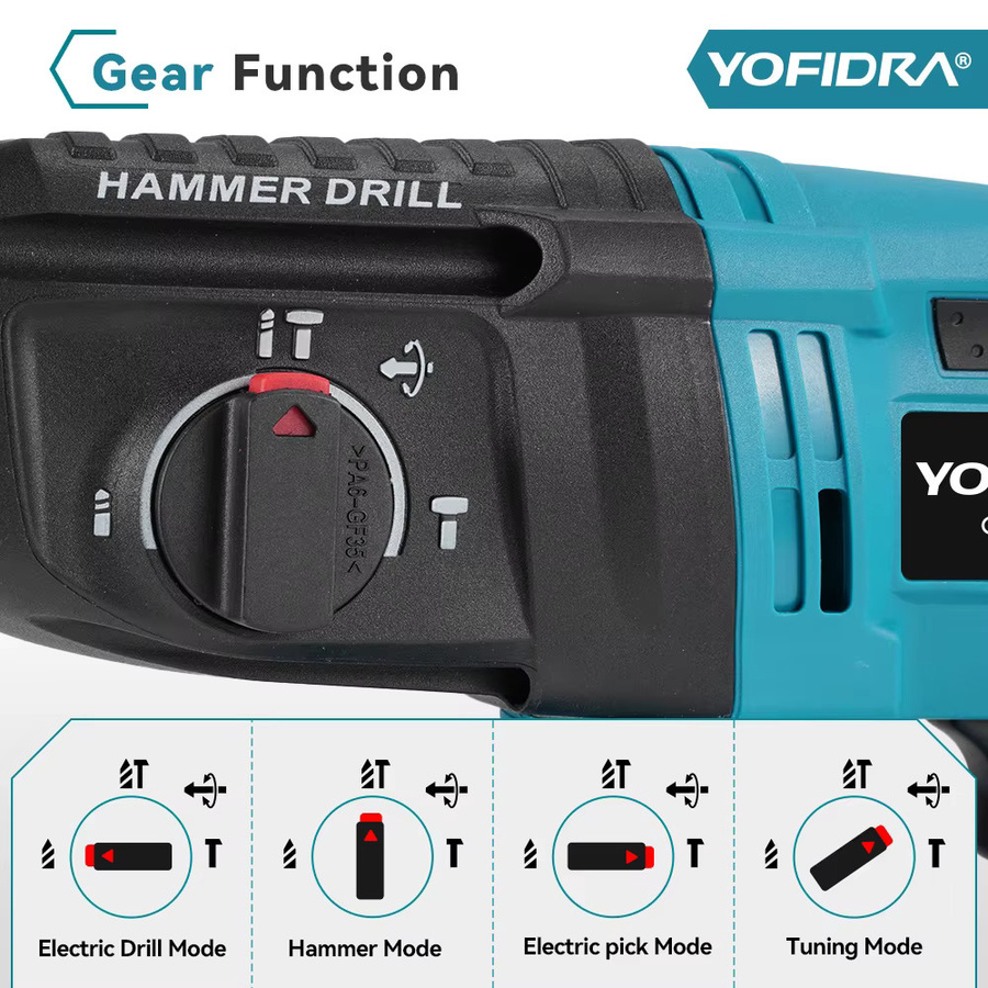 YOFIDRA Bürstenloser elektrischer Bohrhammer 26mm kabelloser Multifunktions-Schlagbohrer kompatibel mit Makita 18V-21V Akku - Bild 4