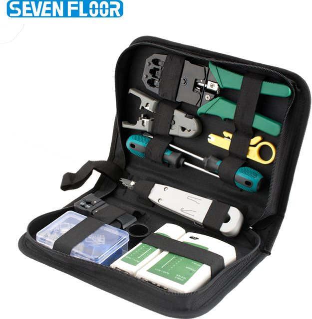 Cat5 RJ45 Crimpwerkzeug-Set mit Ethernet-Netzwerktester, Einpresswerkzeug, Koaxial-Abisolierer und Zubehör für LAN-Verbindungen - Bild 1