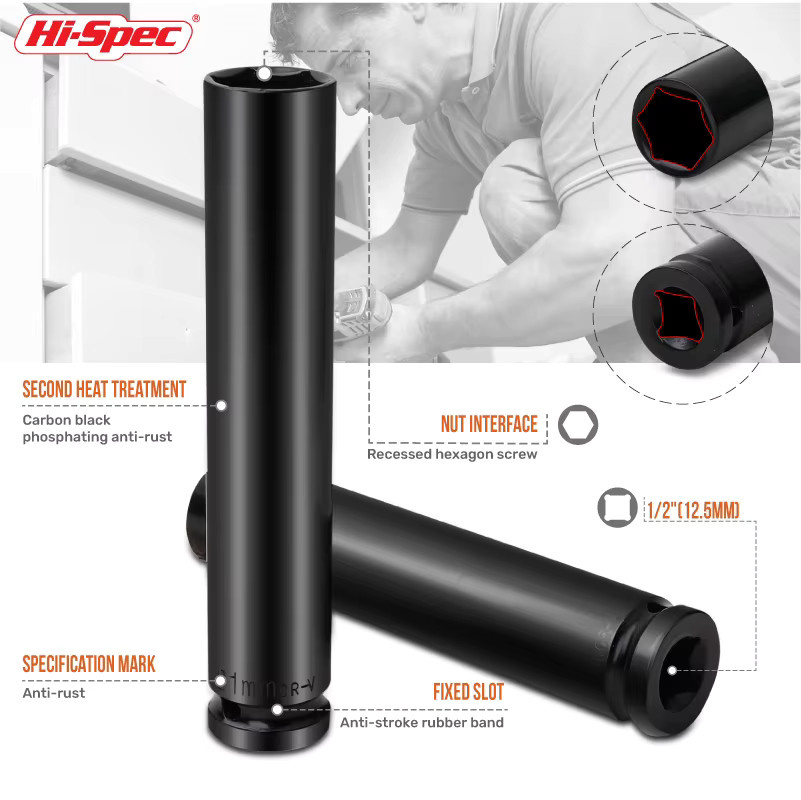 Hi-Spec Schlagschrauber-Steckschlüssel 1/2 Zoll Langschaft Adapter in Schwarz für elektrische und pneumatische Werkzeuge - Bild 3