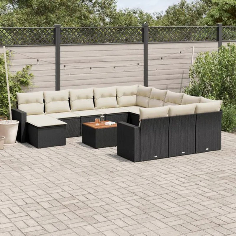 Vidaxl Gartenmöbel-Set aus PE-Rattan mit Kissen, 13-teilig, Schwarz und Beige, Modernes Design - Bild 1