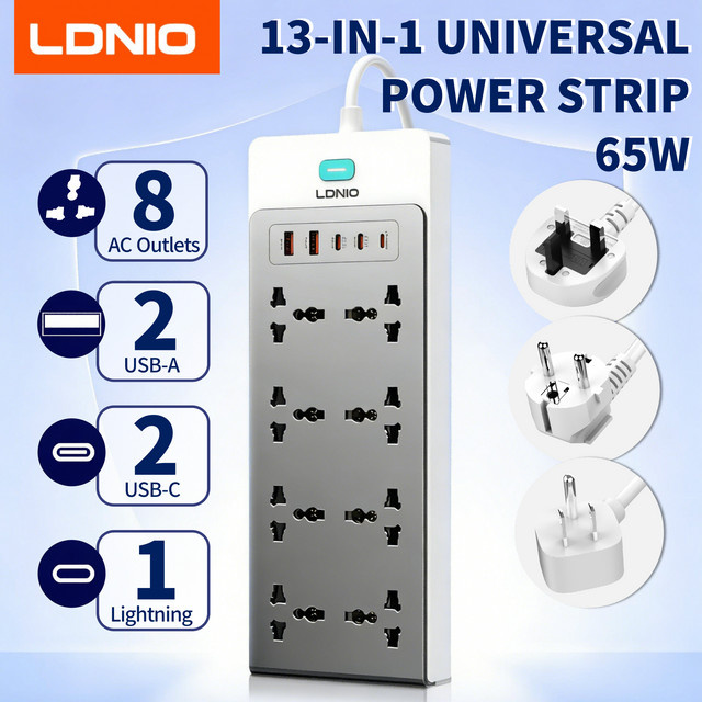 LDNIO 13-in-1 Steckdosenleiste mit 65W USB-C Schnellladefunktion und Überspannungsschutz in Weiß - Bild 1