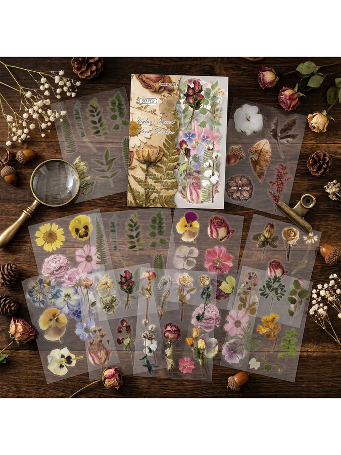 Journamm 80 Stück PET-Muster-Aufkleber mit transparenten Blumen- und Pflanzenmotiven in Multicolour für Junk Journal und Scrapbook-Zubehör - Bild 6