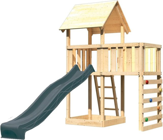 Karibu Spielturm Lotti aus Massivholz mit Rutsche, Plattform und Kletterwand in Natur-Anthrazit - Bild 1