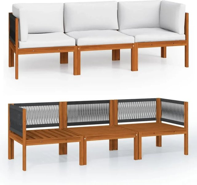 vidaXL L-Shape Gartensofa aus Akazienholz und Seil in Beige mit Kissen und Polstern - Bild 1