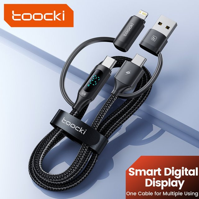 Toocki 4-in-1 Schnellladekabel mit LED-Display, USB-A auf USB-C und Lightning, PD 60W, Schwarz - Bild 1