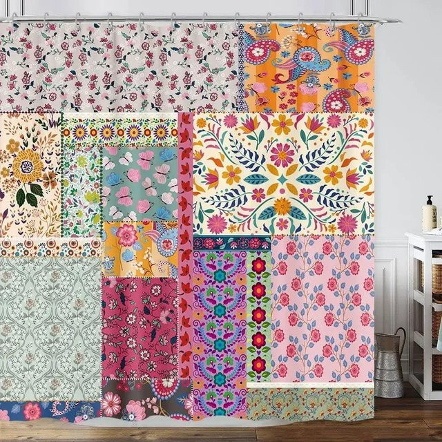 Wasserdichter Duschvorhang mit böhmischem Patchwork-Blumenmuster in Multicolour, B/H: 200 x 180 cm - Bild 1
