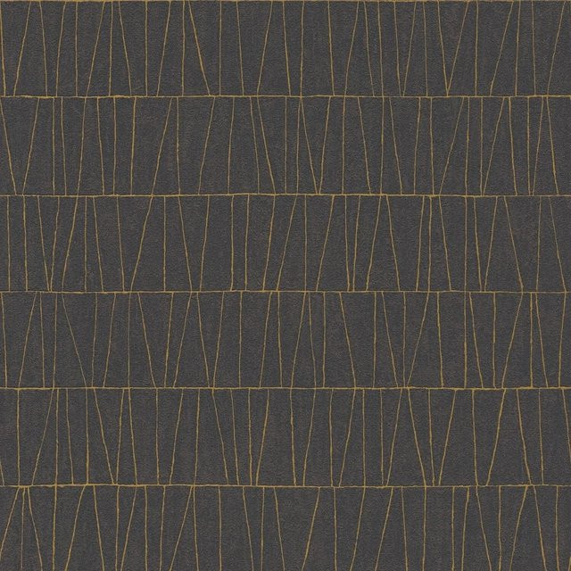 PROFHOME Grafik Tapete mit geometrischem Muster in Schwarz, Gold und Anthrazit, Vlies-Tapete, Breite: 0,53 m, Länge: 10,05 m - Bild 1