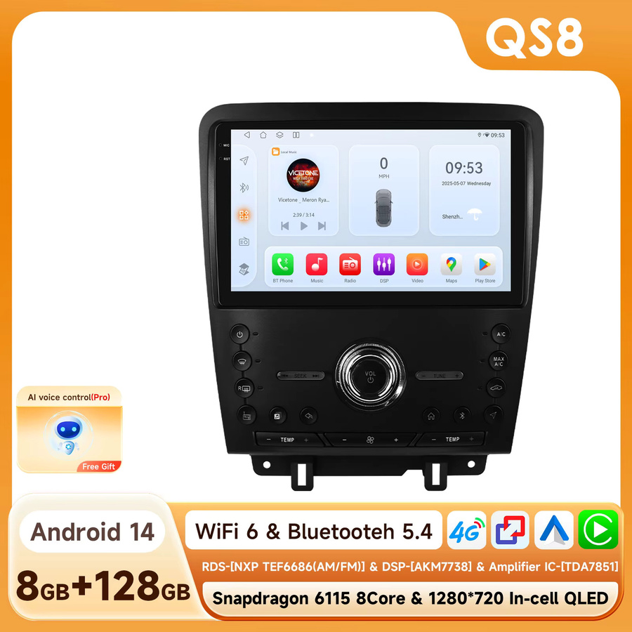 OSSURET Android 14 Autoradio für Ford Mustang 2010-2014 mit 10,1 Zoll Display, Snapdragon 6115 8-Kern Prozessor, GPS-Navigation, kabellosem CarPlay und Android Auto, Schwarz - Bild 7