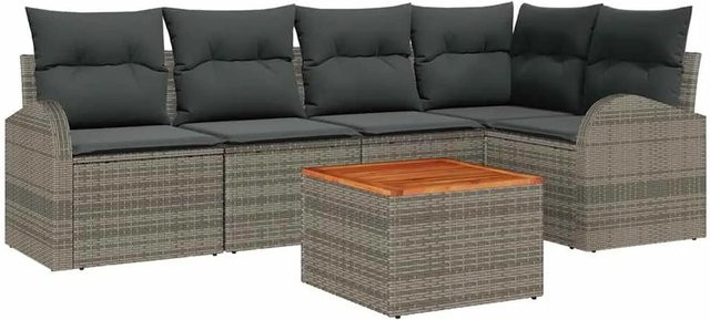 vidaXL Garten-Sofa-Set 6-teilig in Grau mit Poly-Rattan, pulverbeschichtetem Stahl und Akazienholz, L-Form mit Tisch und Polstern - Bild 1