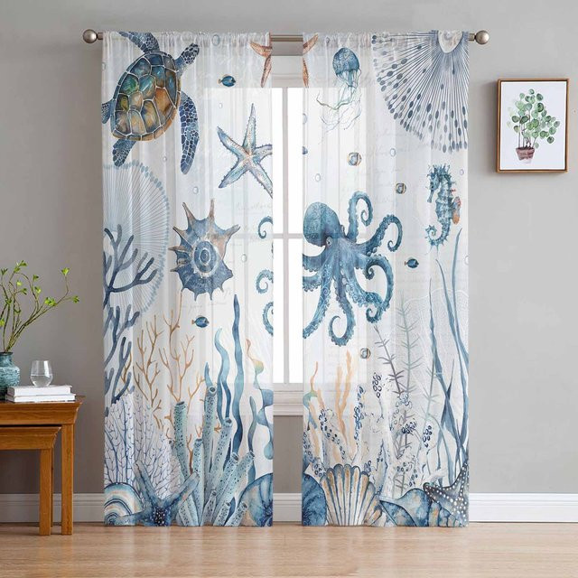 Binchi Outdoor Equipment Transparente Tüllvorhänge mit Meeresmotiven und Seesternen in Blau, B: 135 cm, H: 137 cm - Bild 1