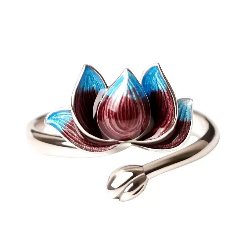 Lotus Blume Öffnungsring, 925 Silber, Blau, Cloisonné - Bild 5