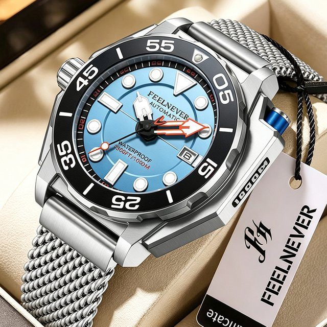 FEELNEVER Herren-Automatik-Taucheruhr, Edelstahl, Saphirglas, Blau - Bild 1