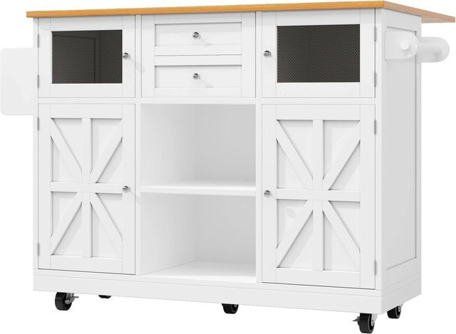 Merax Kücheninsel mit Arbeitsplatte in Holzoptik und Weiß, höhenverstellbar und mit Rollen, B/T/H: 140 x 76,7 x 93,5 cm - Bild 1
