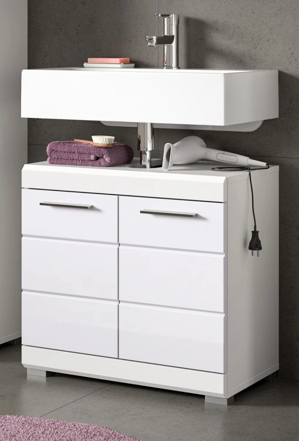 Waschbeckenunterschrank Shawn von Inn.Furn in Weiß Hochglanz mit silbernen Details, Breite: 60 cm - Bild 1