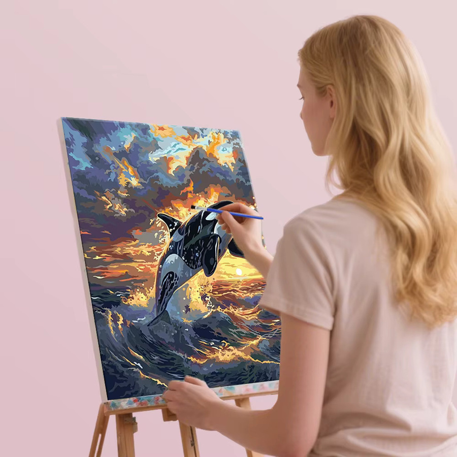 HUACAN Malen nach Zahlen Set mit Wal und Sonnenuntergang auf Leinwand, Mehrfarbiges Wandbild für Hobby und Heimdekoration - Bild 3