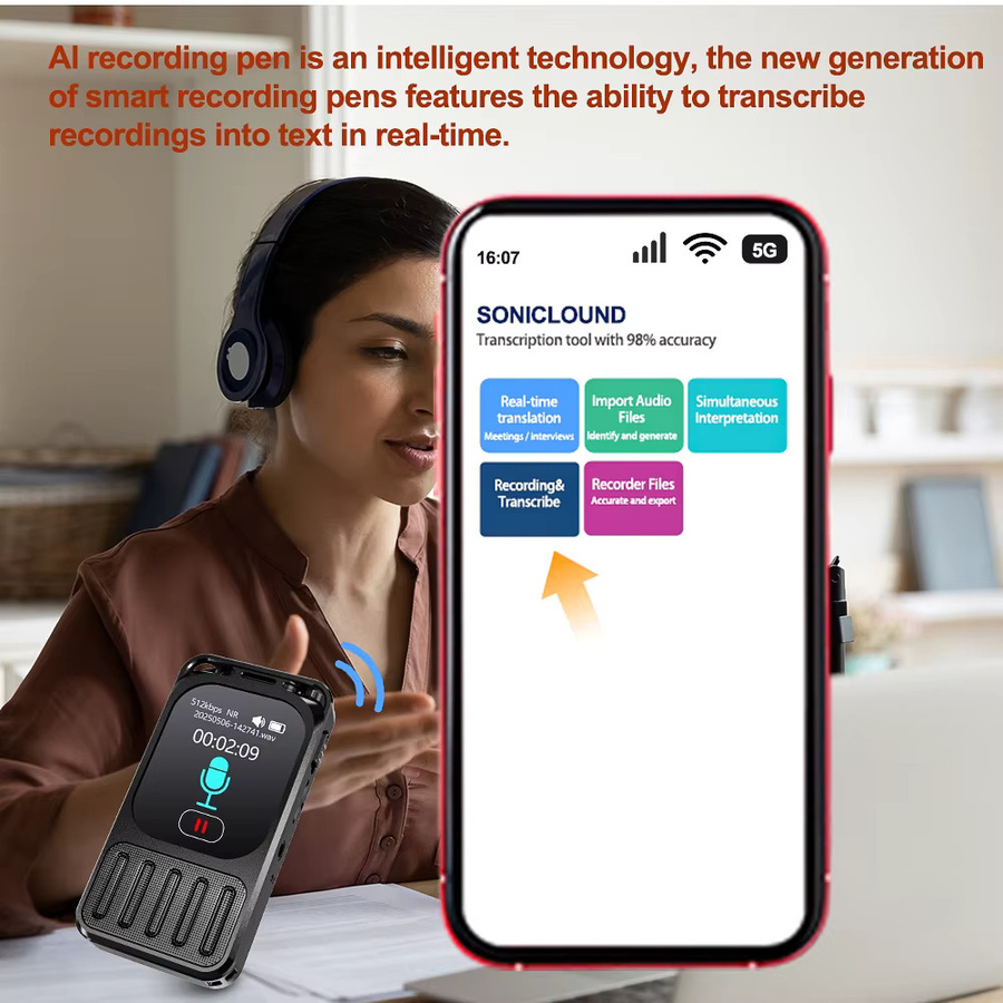 Vandlion V78 AI Sprachrekorder mit Touchscreen und Mehrsprachiger Übersetzung, 32GB, Schwarz - Bild 3