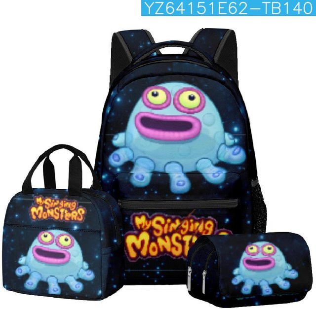 Fancy Style Studio 3er-Set Singende Monster Schulaccessoires in Blau mit Rucksack, Notizbuch, Lunchtasche und Federmäppchen - Bild 1