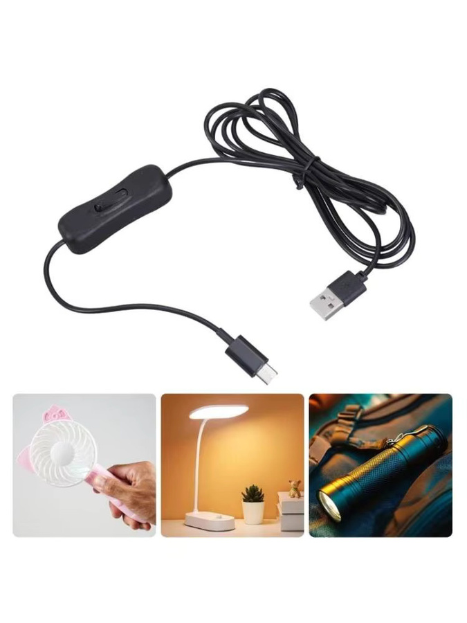 USB-auf-Typ-C-Ladeverlängerungskabel in Schwarz mit Schalter, 2,1 m Länge für Lampen und 5-V-Lüfter - Bild 4