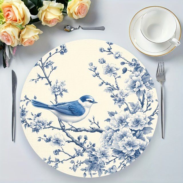 VIKAMA 4-teiliges Platzset mit blau-weißem Blumen- und Vogelmuster im chinesischen Landhausstil - Bild 1