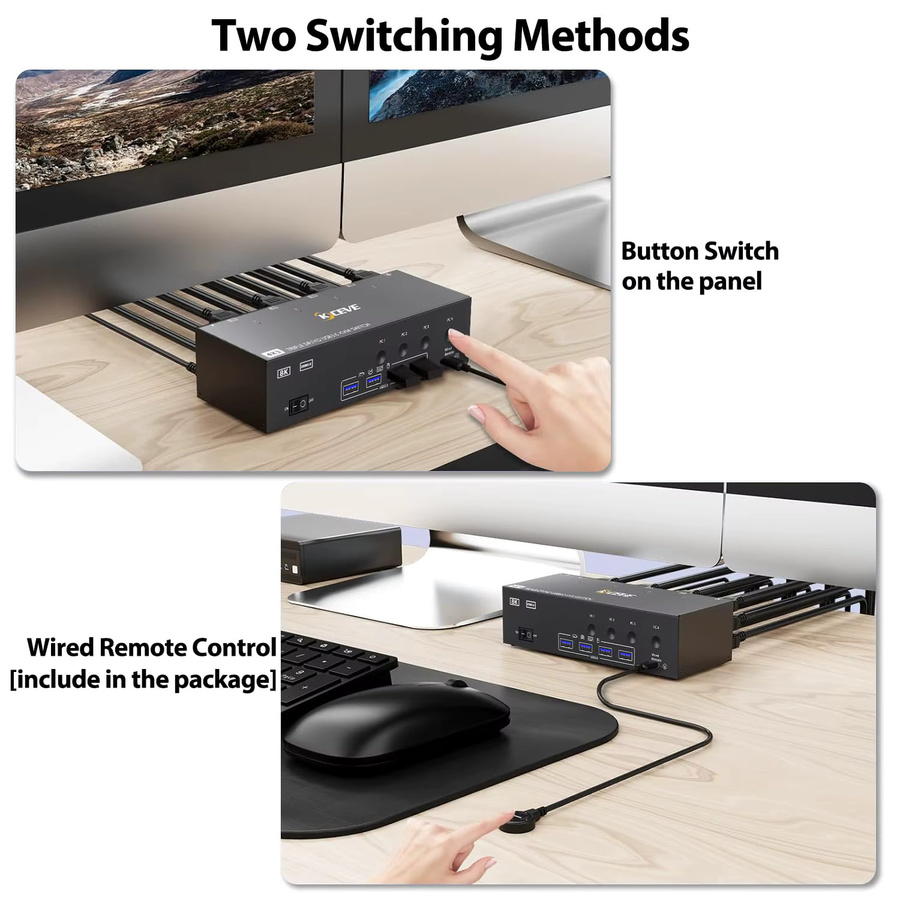 AIMOS KVM-Switch für 3 Monitore mit HDMI und DisplayPort, 8K@60Hz/4K@144Hz, USB 3.0 Dreifach-Monitorschalter für 2 bis 4 Computer, Schwarz - Bild 5