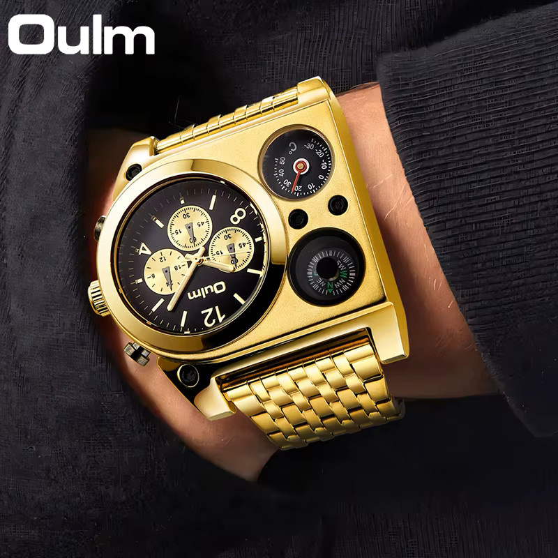 Oulm Armbanduhr Quarz, Kompass, Temperatur Display, Edelstahl, Gold, Herren - Bild 5