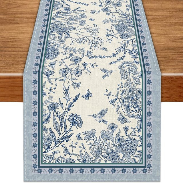 JINGYUE Pet Tischläufer aus Leinen mit Frühlings-Motiv in Blau, B/L: 150 x 33 cm - Bild 1
