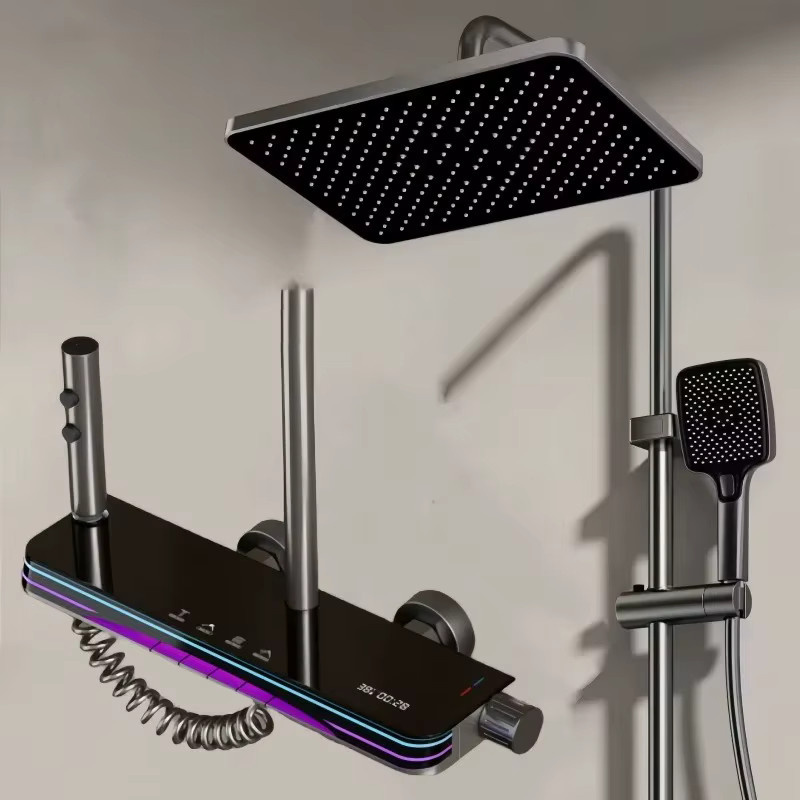 Luxuriöses Badezimmer-Duschsystem in Schwarz mit digitaler Temperaturanzeige und Klaviertasten-Steuerung als Komplettset mit Warm- und Kaltwassermischer - Bild 1